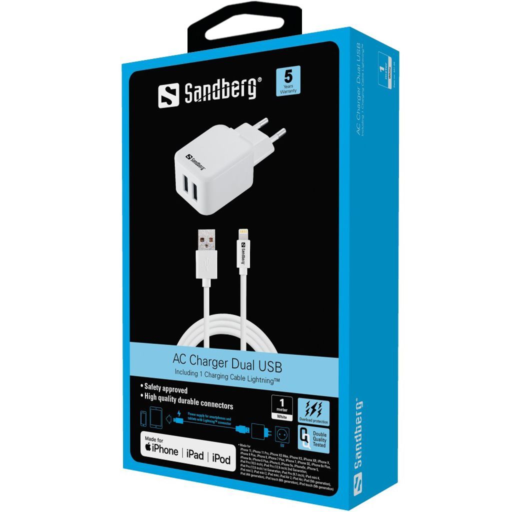 Sandberg AC Charger EU Lightning 2.4A White Sandberg AC Charger EU Lightning 2.4A White