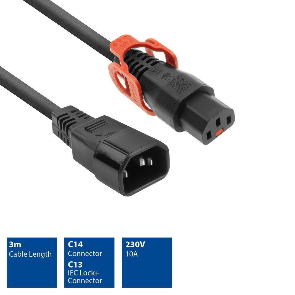 ACT Powercord C13 IEC Lock+ - C14 3m Black