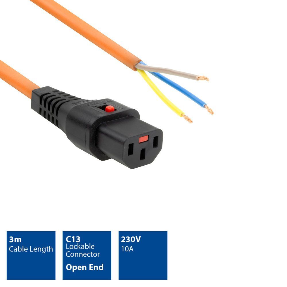ACT Powercord C13 IEC Lock open end 3m Orange ACT Powercord C13 IEC Lock open end 3m Orange