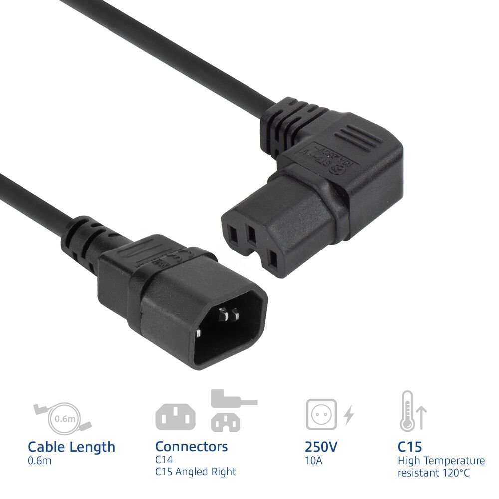 ACT Powercord C14 - C15 (angled right) 0,6m Black ACT Powercord C14 - C15 (angled right) 0,6m Black