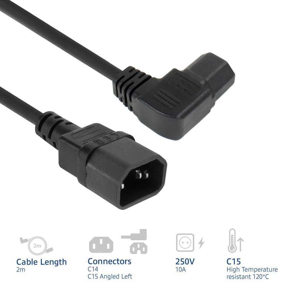 ACT Powercord C14 - C15 (angled left) 2m Black ACT Powercord C14 - C15 (angled left) 2m Black