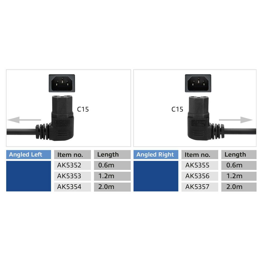 ACT Powercord C14 - C15 (angled left) 2m Black ACT Powercord C14 - C15 (angled left) 2m Black