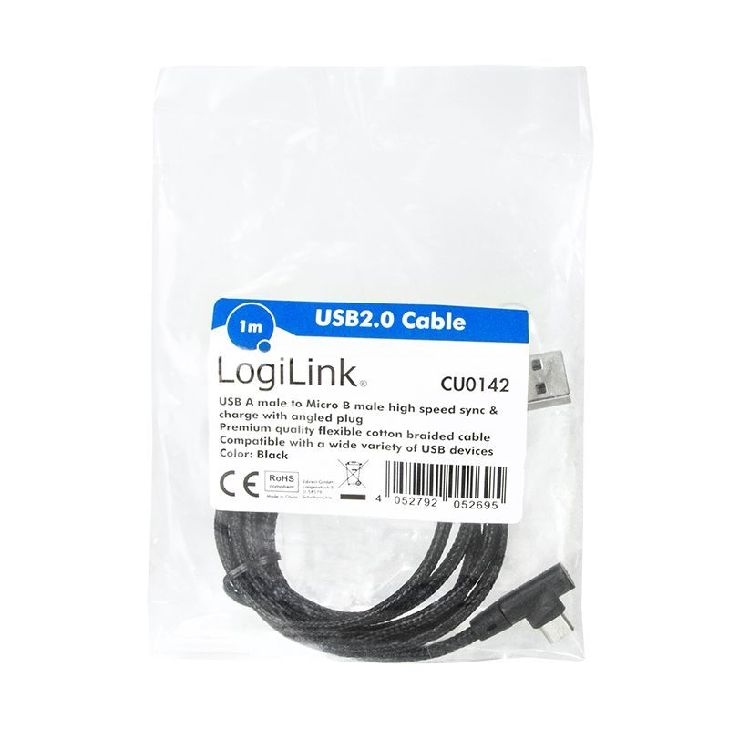 Logilink CU0142 USB 2.0 cable USB-A/M to Micro-USB/M (90°) fabric metal 1m Black Logilink CU0142 USB 2.0 cable USB-A/M to Micro-USB/M (90°) fabric metal 1m Black