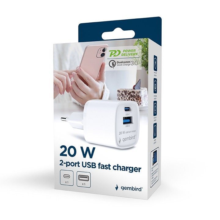 Gembird 2-Port 20W USB Fast Charger White Gembird 2-Port 20W USB Fast Charger White