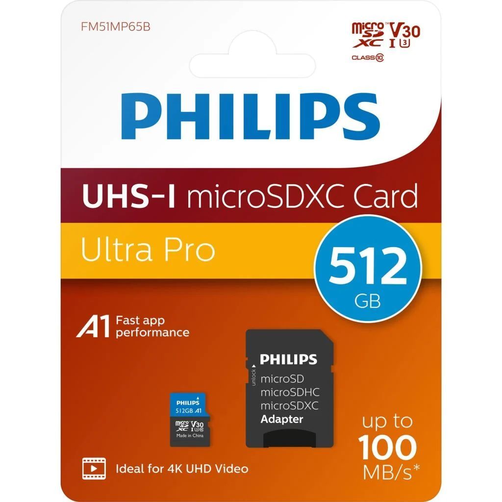 Philips 512GB microSDXC Ultra Pro Class10 UHS-I U3 V30 A1 + adapterrel Philips 512GB microSDXC Ultra Pro Class10 UHS-I U3 V30 A1 + adapterrel