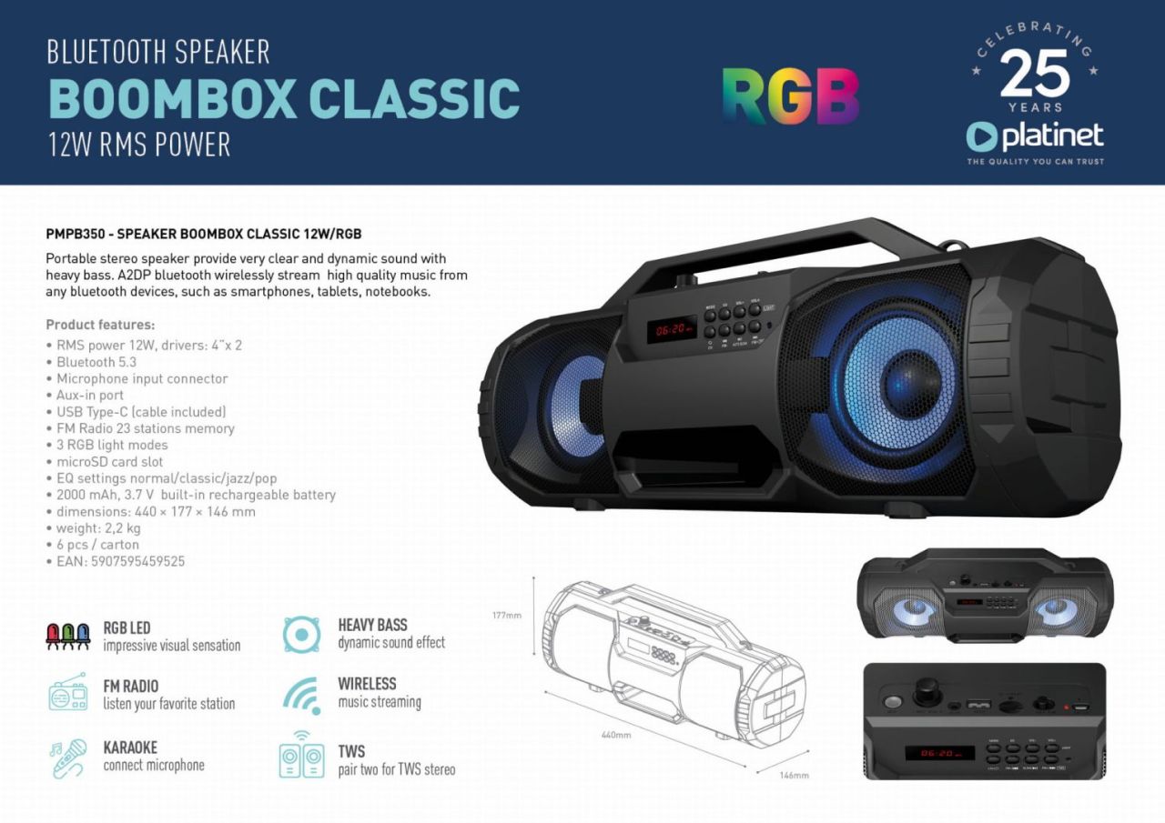Platinet BoomBox Classic Speaker RGB Black Platinet BoomBox Classic Speaker RGB Black