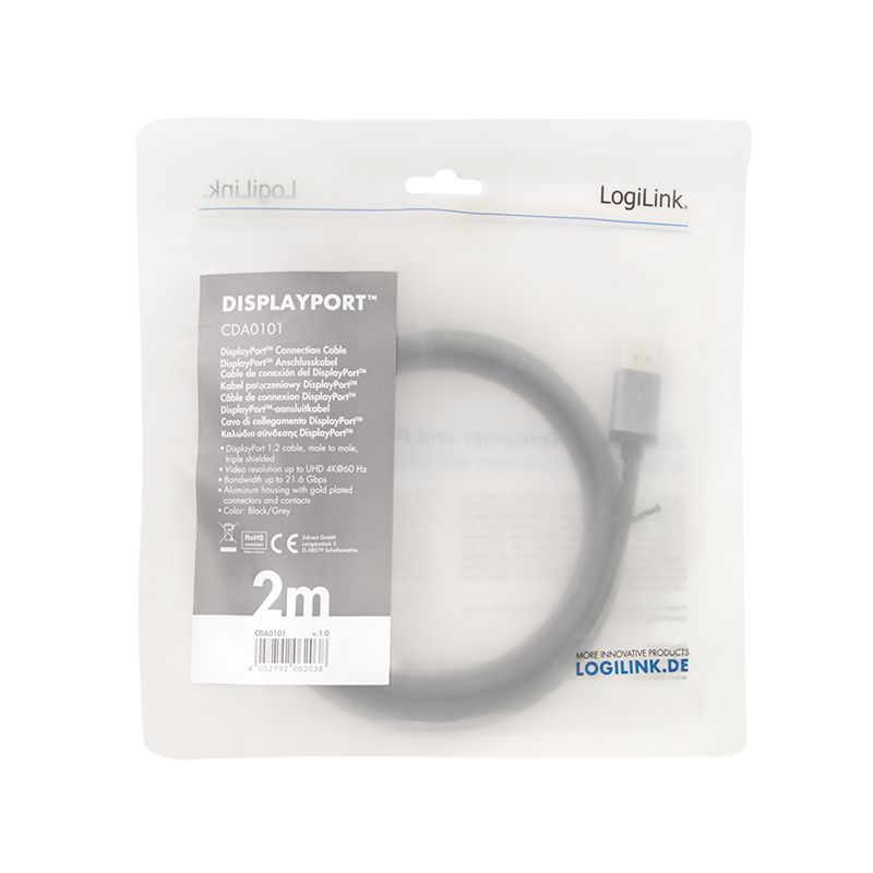 Logilink DisplayPort cable DP/M to DP/M 4K/60 Hz 2m Black/Grey Logilink DisplayPort cable DP/M to DP/M 4K/60 Hz 2m Black/Grey