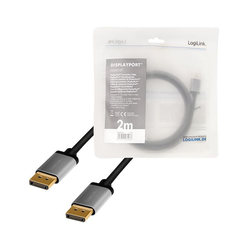 Logilink DisplayPort cable DP/M to DP/M 4K/60 Hz 2m Black/Grey Logilink DisplayPort cable DP/M to DP/M 4K/60 Hz 2m Black/Grey