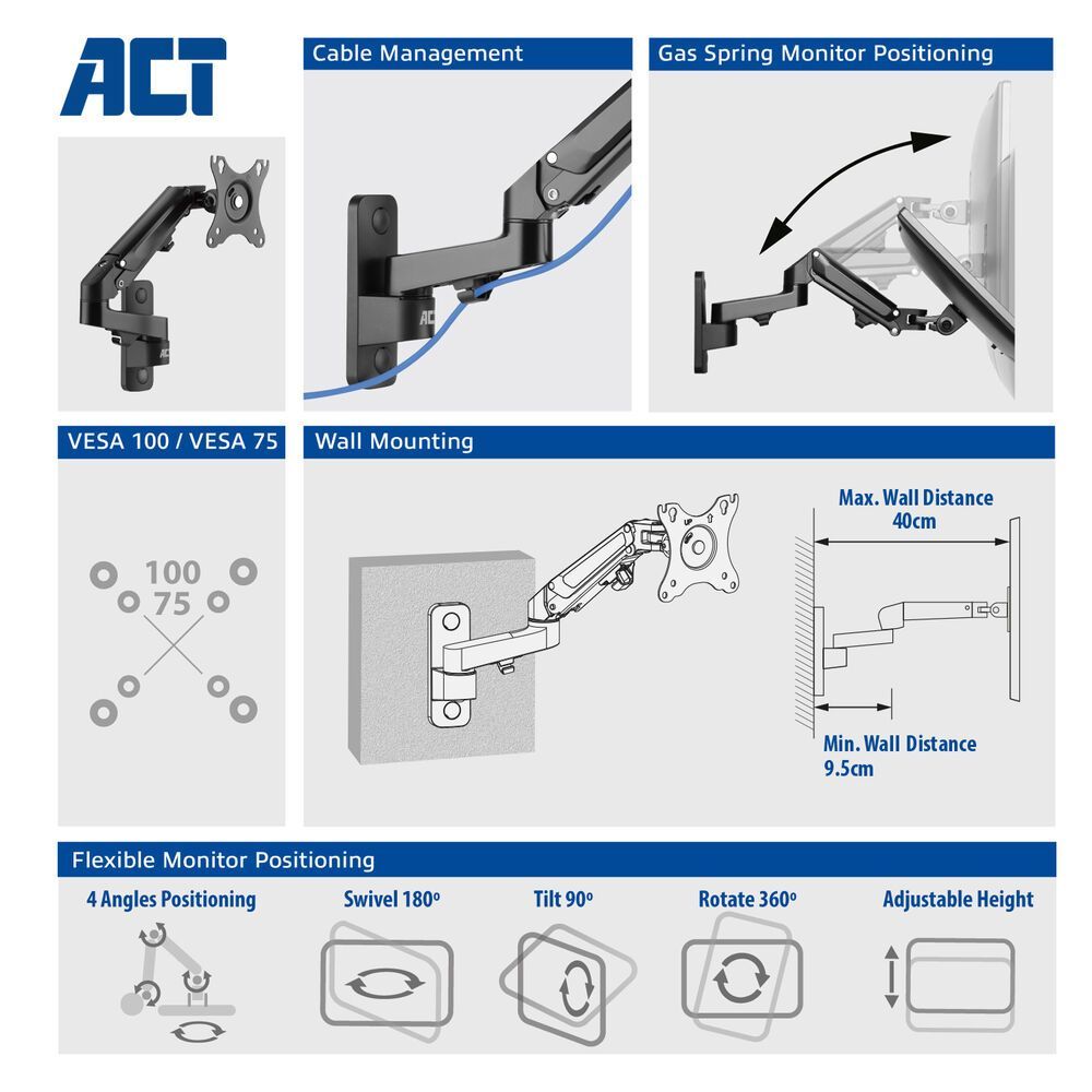 ACT AC8310 Monitor wall mount with gas spring 1 screen Black ACT AC8310 Monitor wall mount with gas spring 1 screen Black