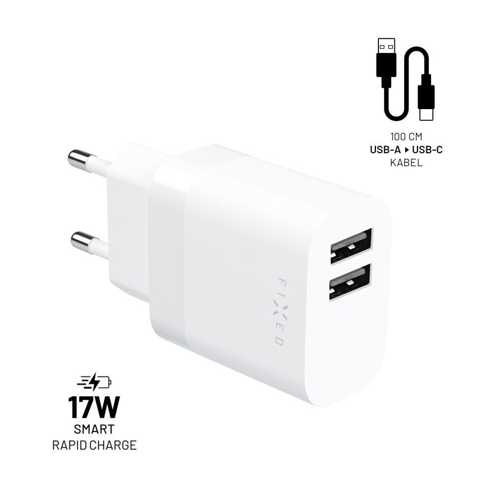 FIXED hálózati töltő, 2*USB-A kimenet, 17W + USB/USB-C kábel, fehér FIXED hálózati töltő, 2*USB-A kimenet, 17W + USB/USB-C kábel, fehér