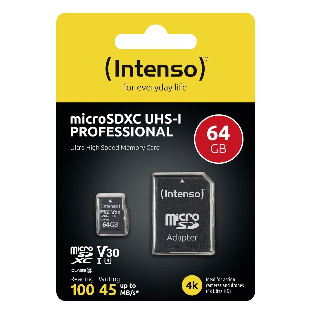 Intenso 64GB microSDXC Professional Class 10 U3 V30 + adapterrel Intenso 64GB microSDXC Professional Class 10 U3 V30 + adapterrel