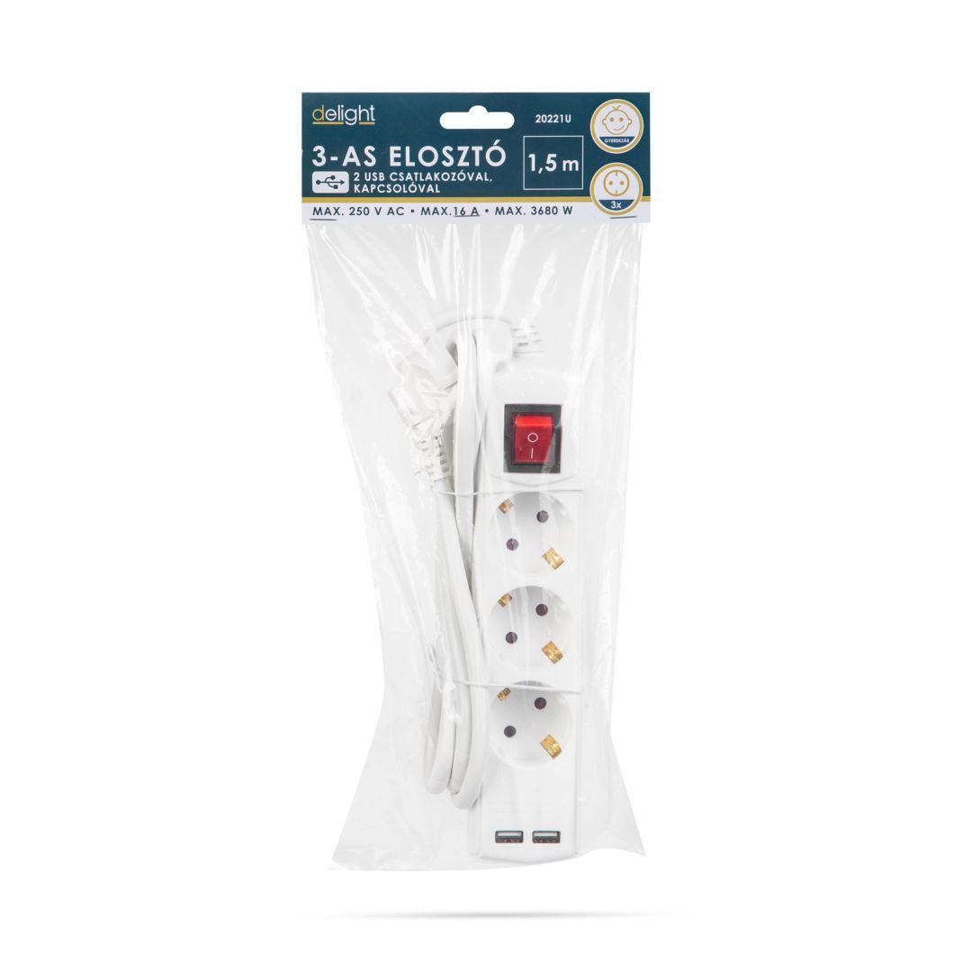 Delight Hálózati Elosztó Kapcsolóval 3DIN 1,5m White Delight Hálózati Elosztó Kapcsolóval 3DIN 1,5m White