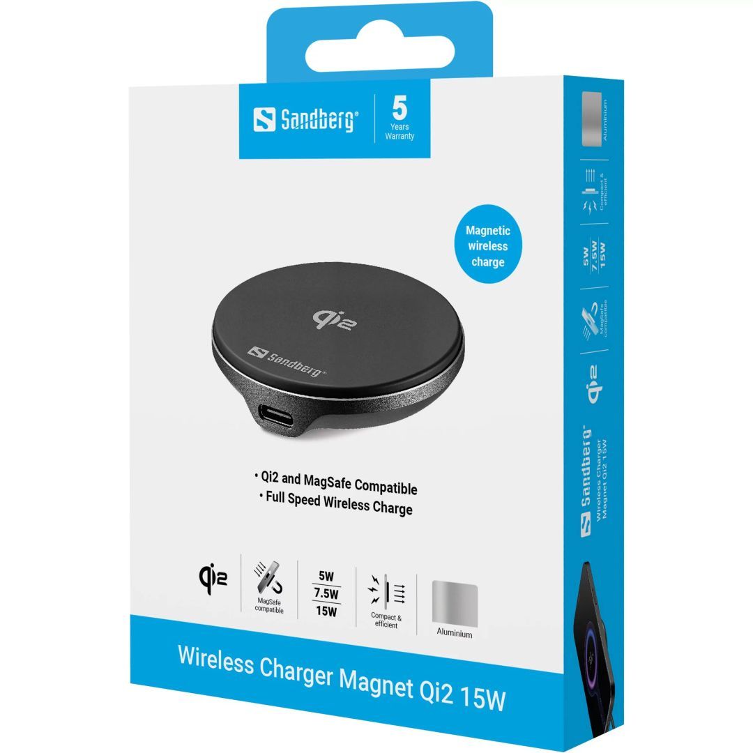 Sandberg Wireless Charger Magnet Qi2 15W Black Sandberg Wireless Charger Magnet Qi2 15W Black