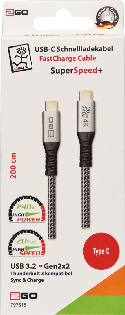 2GO SuperSpeed+ USB-C FastCharge Cable 240W 2m Black 2GO SuperSpeed+ USB-C FastCharge Cable 240W 2m Black