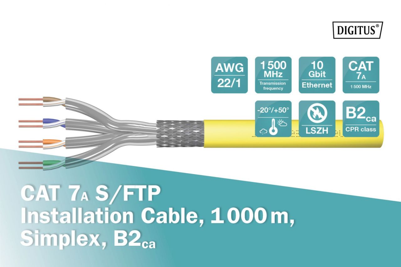 Digitus CAT7A S-FTP Installation cable 1000m Yellow Digitus CAT7A S-FTP Installation cable 1000m Yellow