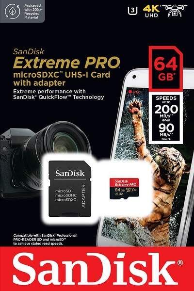 Sandisk 64GB microSDXC Extreme Pro Class 10 UHS-I A2 C10 V30 + adapterrel Sandisk 64GB microSDXC Extreme Pro Class 10 UHS-I A2 C10 V30 + adapterrel