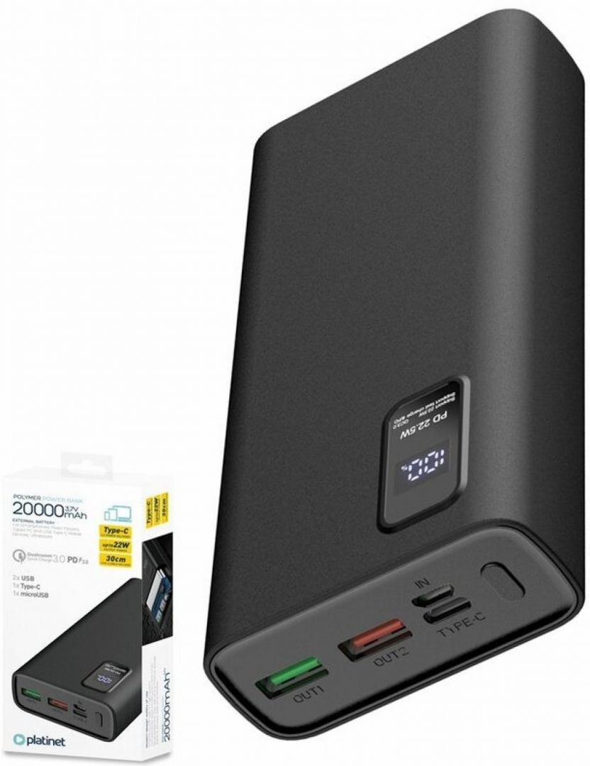 Platinet PMPB20WQC727B 20000mAh Polymer PC3.0 QC3.0 PowerBank LED Screen Black Platinet PMPB20WQC727B 20000mAh Polymer PC3.0 QC3.0 PowerBank LED Screen Black
