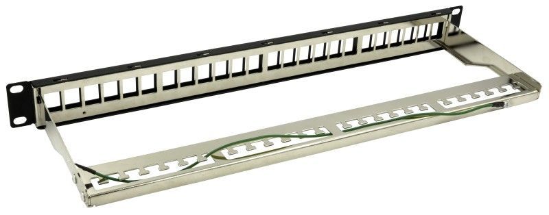 Nestron 19" keystone patch panel; 24 port; Cat5e/Cat6/Cat6A kompatibilis; árnyékolt; tehermentesítővel Nestron 19" keystone patch panel; 24 port; Cat5e/Cat6/Cat6A kompatibilis; árnyékolt; tehermentesítővel