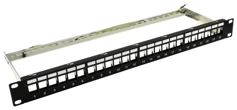 Nestron 19" keystone patch panel; 24 port; Cat5e/Cat6/Cat6A kompatibilis; árnyékolt; tehermentesítővel Nestron 19" keystone patch panel; 24 port; Cat5e/Cat6/Cat6A kompatibilis; árnyékolt; tehermentesítővel
