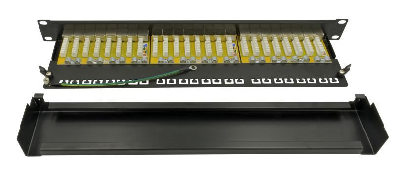 Nestron 19" patch panel; 24 port; Cat6A; árnyékolt; tehermentesítővel; dual IDC (Krone/110)