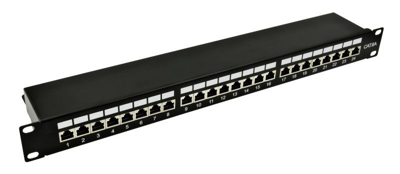 Nestron 19" patch panel; 24 port; Cat6A; árnyékolt; tehermentesítővel; dual IDC (Krone/110)