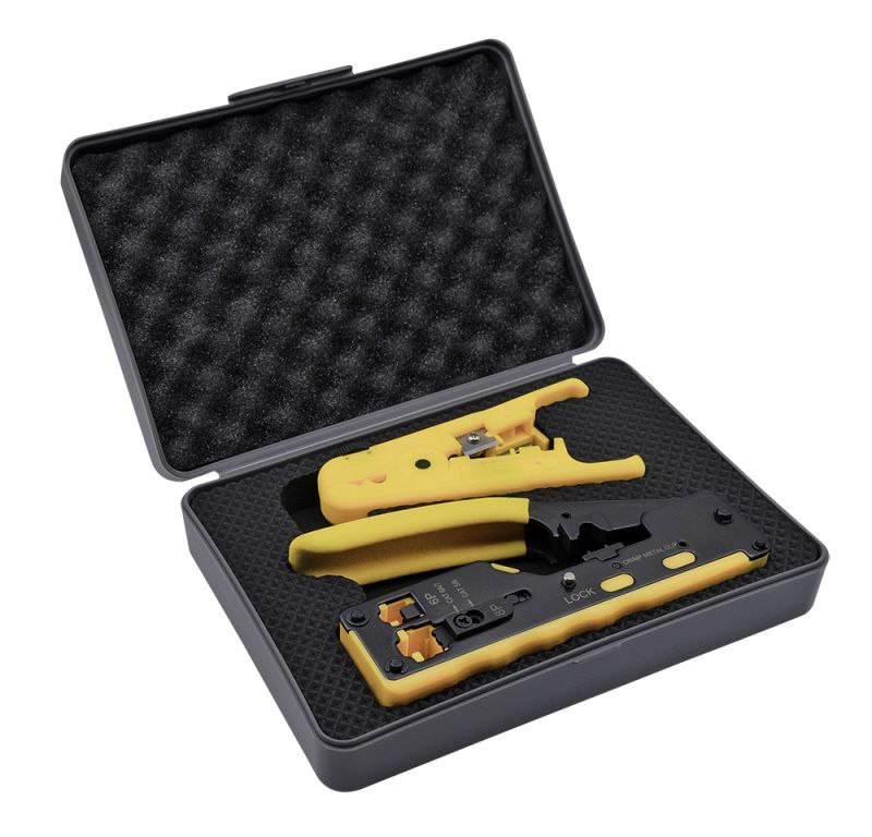 Nestron Moduláris krimpelő fogó átfűzhető csatlakozókhoz + kábel csupaszító szerszám, dobozban Nestron Moduláris krimpelő fogó átfűzhető csatlakozókhoz + kábel csupaszító szerszám, dobozban