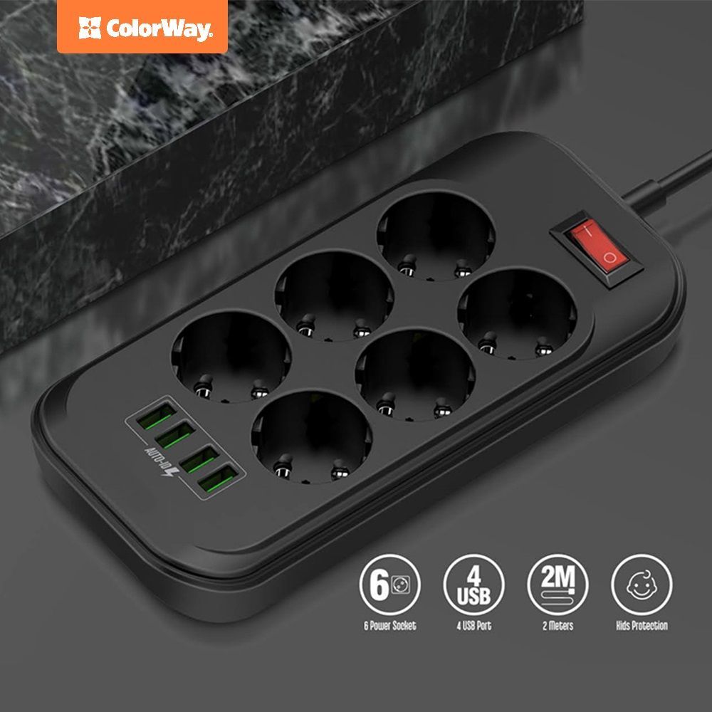 ColorWay Hálózati Elosztó Kapcsolóval 6DIN 2m Black ColorWay Hálózati Elosztó Kapcsolóval 6DIN 2m Black