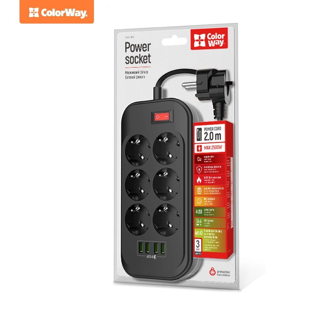 ColorWay Hálózati Elosztó Kapcsolóval 6DIN 2m Black ColorWay Hálózati Elosztó Kapcsolóval 6DIN 2m Black