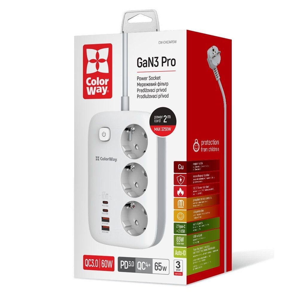 ColorWay Hálózati Elosztó Kapcsolóval 3DIN 2m White ColorWay Hálózati Elosztó Kapcsolóval 3DIN 2m White