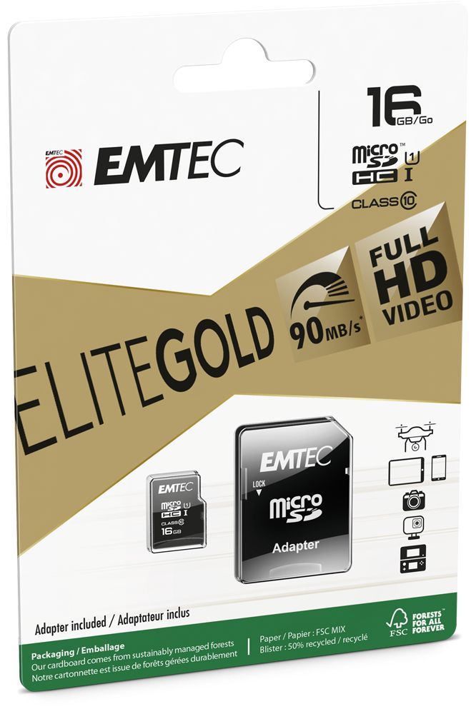 Emtec 16GB microSDHC Elite Gold Class 10 UHS-I U1 + adapterrel Emtec 16GB microSDHC Elite Gold Class 10 UHS-I U1 + adapterrel