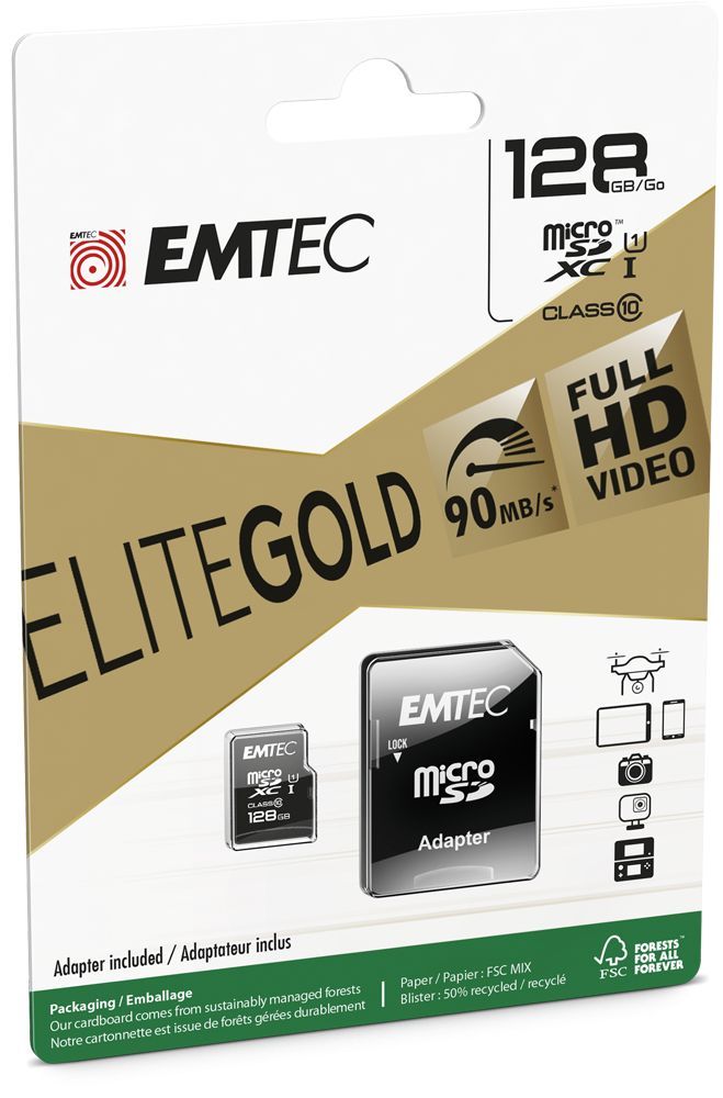 Emtec 128GB microSDXC Elite Gold Class 10 UHS-I U1 + adapterrel Emtec 128GB microSDXC Elite Gold Class 10 UHS-I U1 + adapterrel