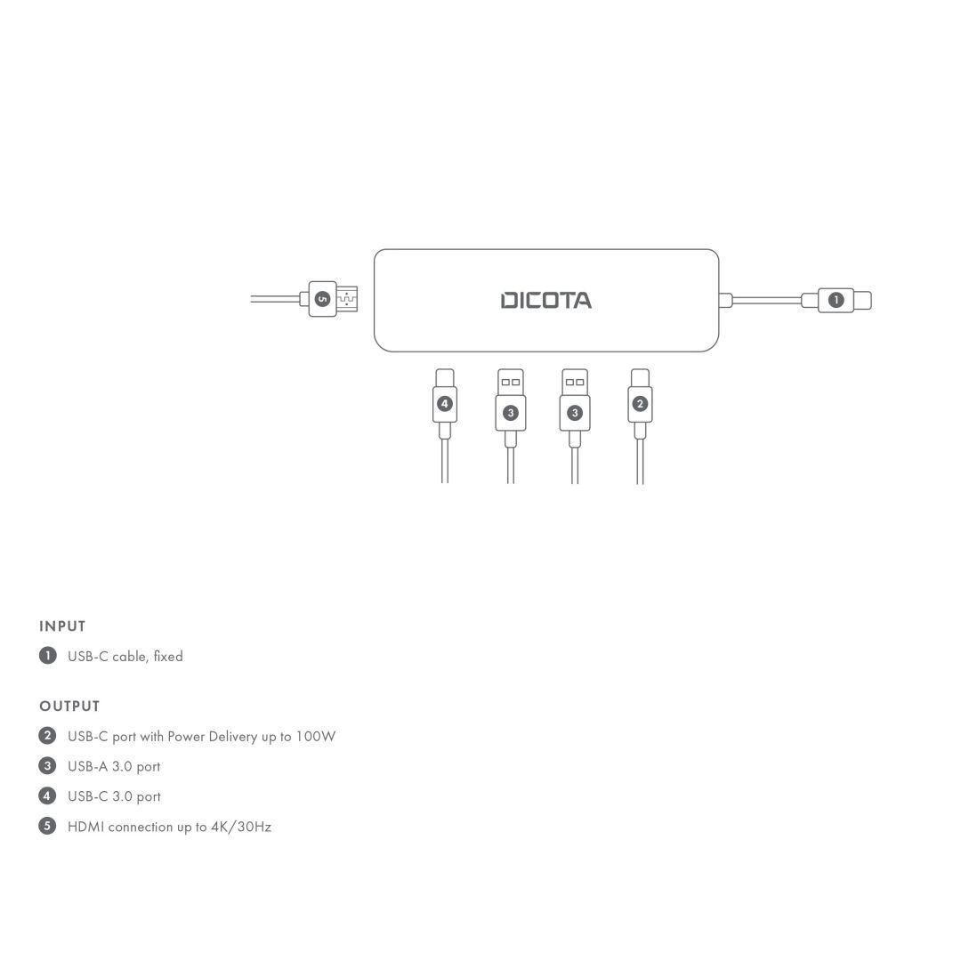 Dicota USB-C 5-in-1 Video Hub 4K PD 100W Silver Dicota USB-C 5-in-1 Video Hub 4K PD 100W Silver