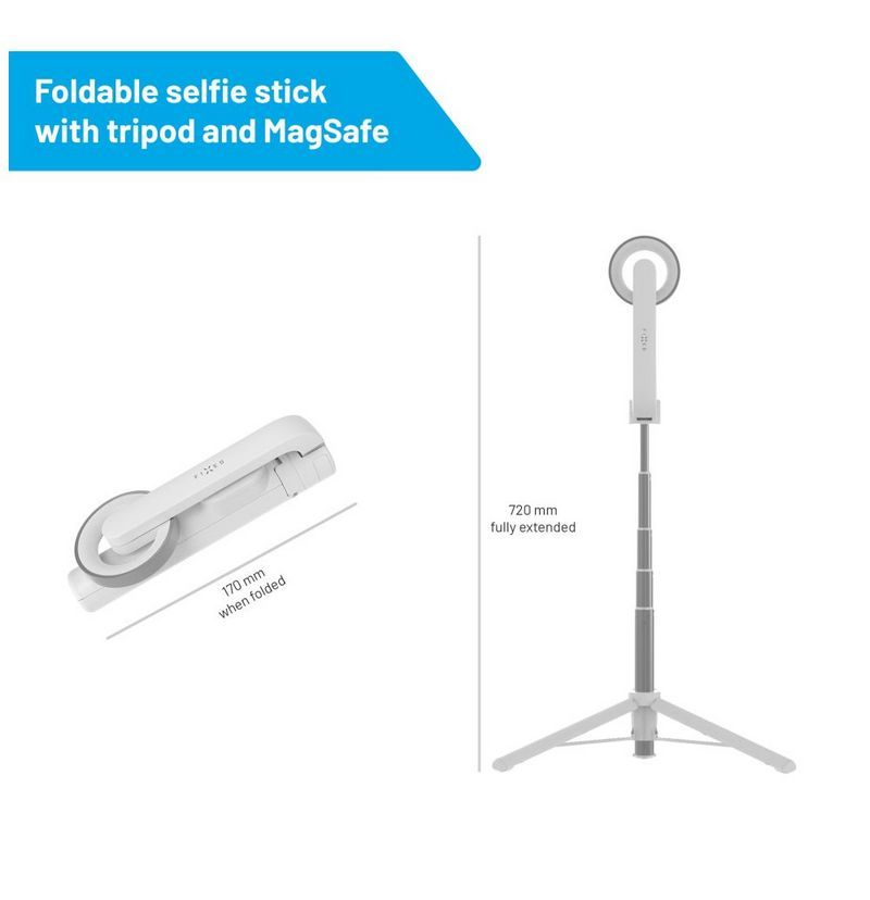 FIXED MagSnap teleszkópos szelfi bot, három lábú állvány, kivehető kioldógomb, MagSafe rögzítés, fehér