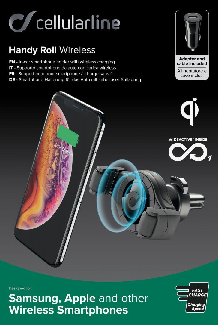 Cellularline Universal car ventilation holder with wireless charging function Handy Roll, black Cellularline Universal car ventilation holder with wireless charging function Handy Roll, black