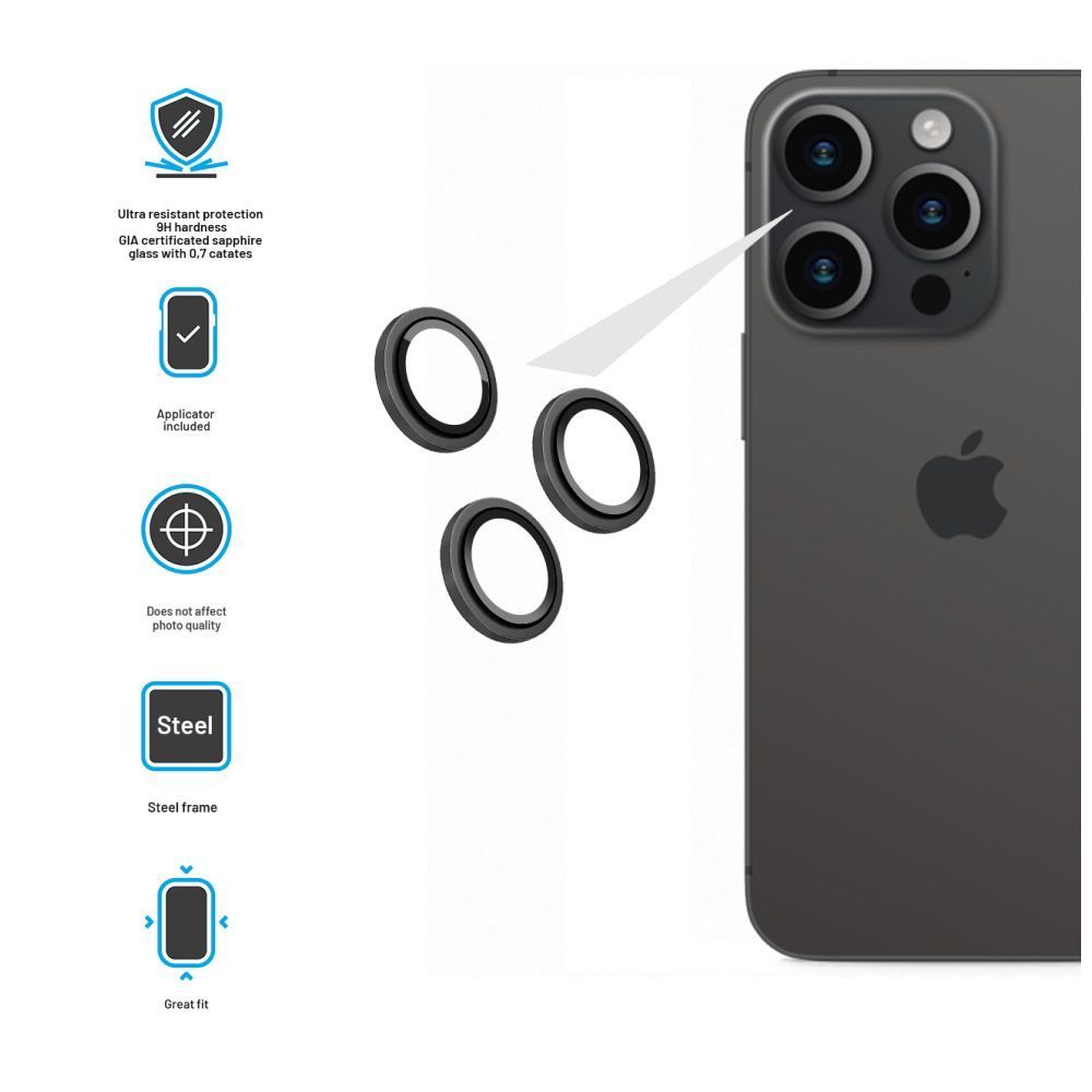 FIXED Zafír kamera lencsevédő Apple iPhone 15 Pro/15 Pro Max készülékhez, fekete FIXED Zafír kamera lencsevédő Apple iPhone 15 Pro/15 Pro Max készülékhez, fekete