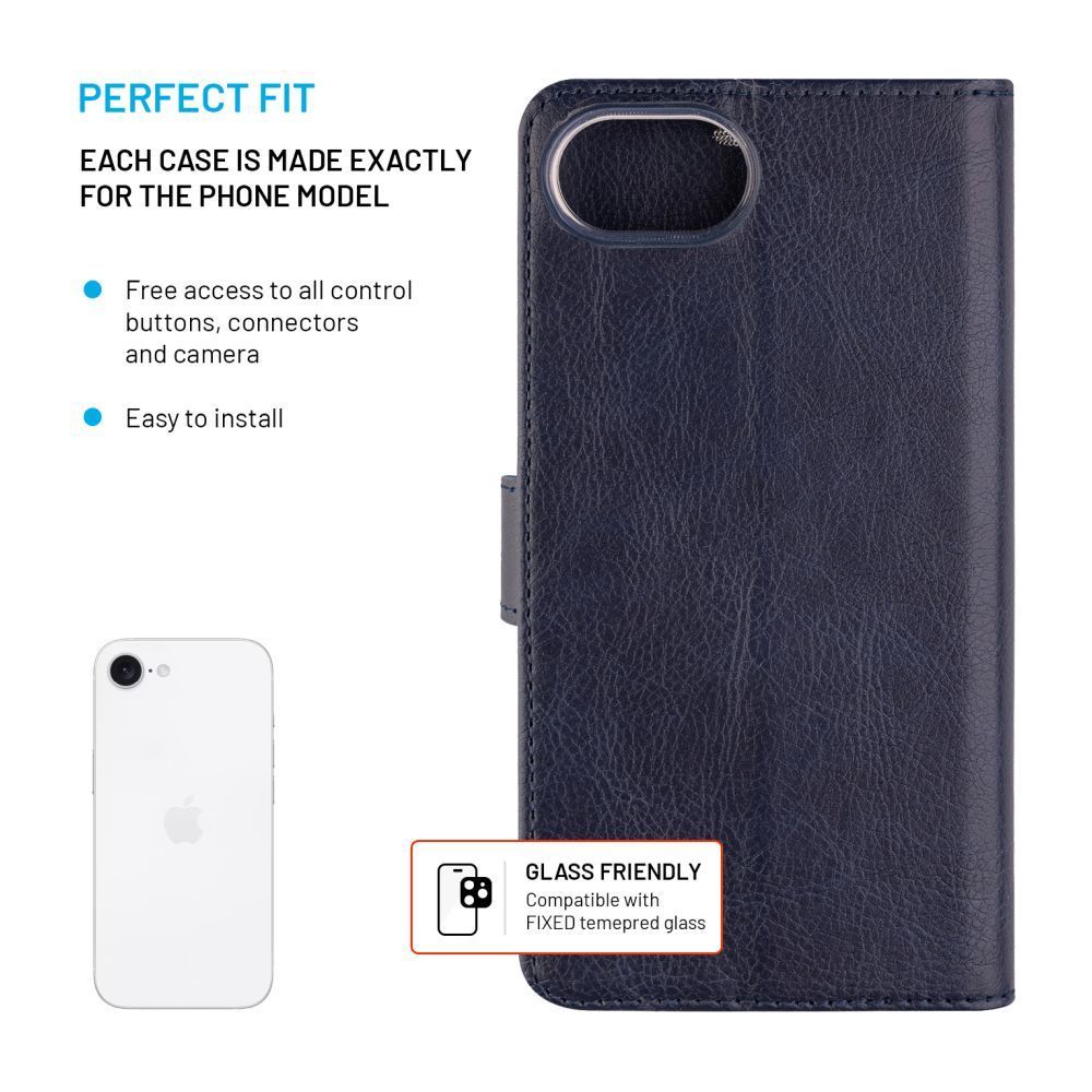 FIXED oldalra nyíló telefon tok Apple iPhone 16e telefonhoz, kék FIXED oldalra nyíló telefon tok Apple iPhone 16e telefonhoz, kék