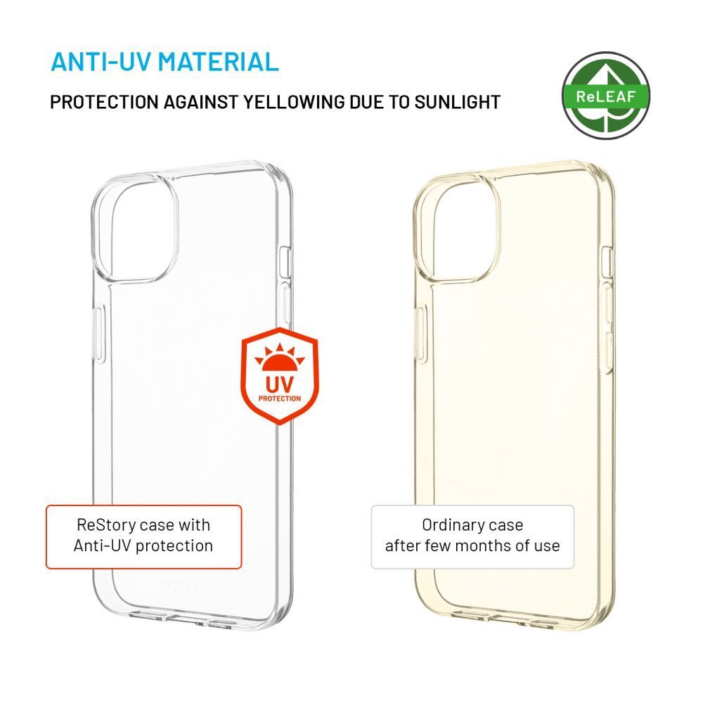 FIXED újrahasznosított anyagból készült AntiUV TPU hátlap Apple iPhone 15 Plus készülékhez, átlátszó FIXED újrahasznosított anyagból készült AntiUV TPU hátlap Apple iPhone 15 Plus készülékhez, átlátszó