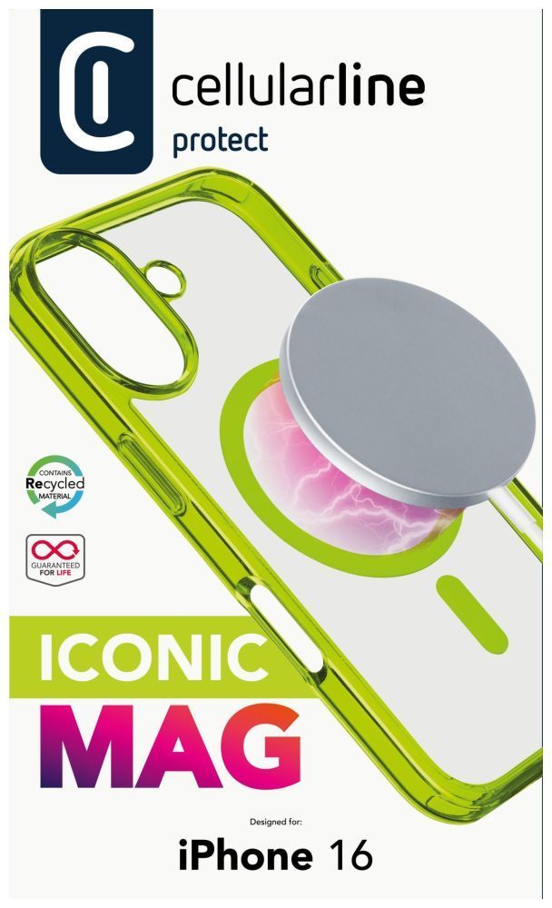 Cellularline ikonikus hátlap Magsafe támogatással Apple iphone 16 készülékhez, átlátszó/lime Cellularline ikonikus hátlap Magsafe támogatással Apple iphone 16 készülékhez, átlátszó/lime