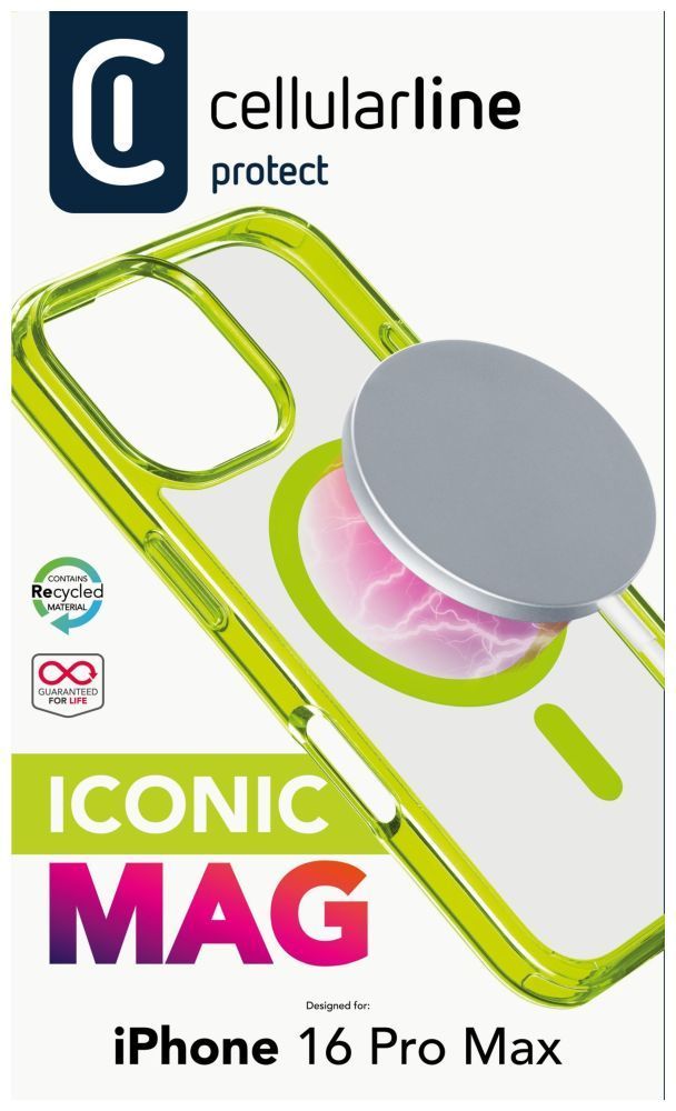 Cellularline ikonikus hátlap Magsafe támogatással Apple iphone 16 Pro Max készülékhez, átlátszó/lime Cellularline ikonikus hátlap Magsafe támogatással Apple iphone 16 Pro Max készülékhez, átlátszó/lime