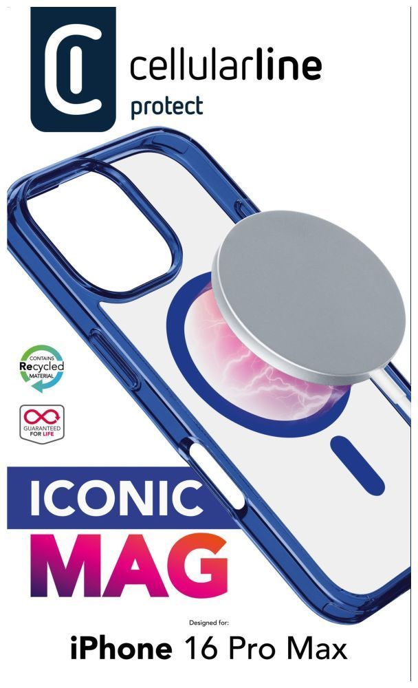 Cellularline ikonikus hátlap Magsafe támogatással Apple iphone 16 Pro Max készülékhez, átlátszó/sötétkék Cellularline ikonikus hátlap Magsafe támogatással Apple iphone 16 Pro Max készülékhez, átlátszó/sötétkék