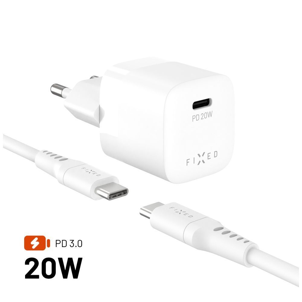 FIXED Mini Travel Charger 20W + USB-C/USB-C Cable White