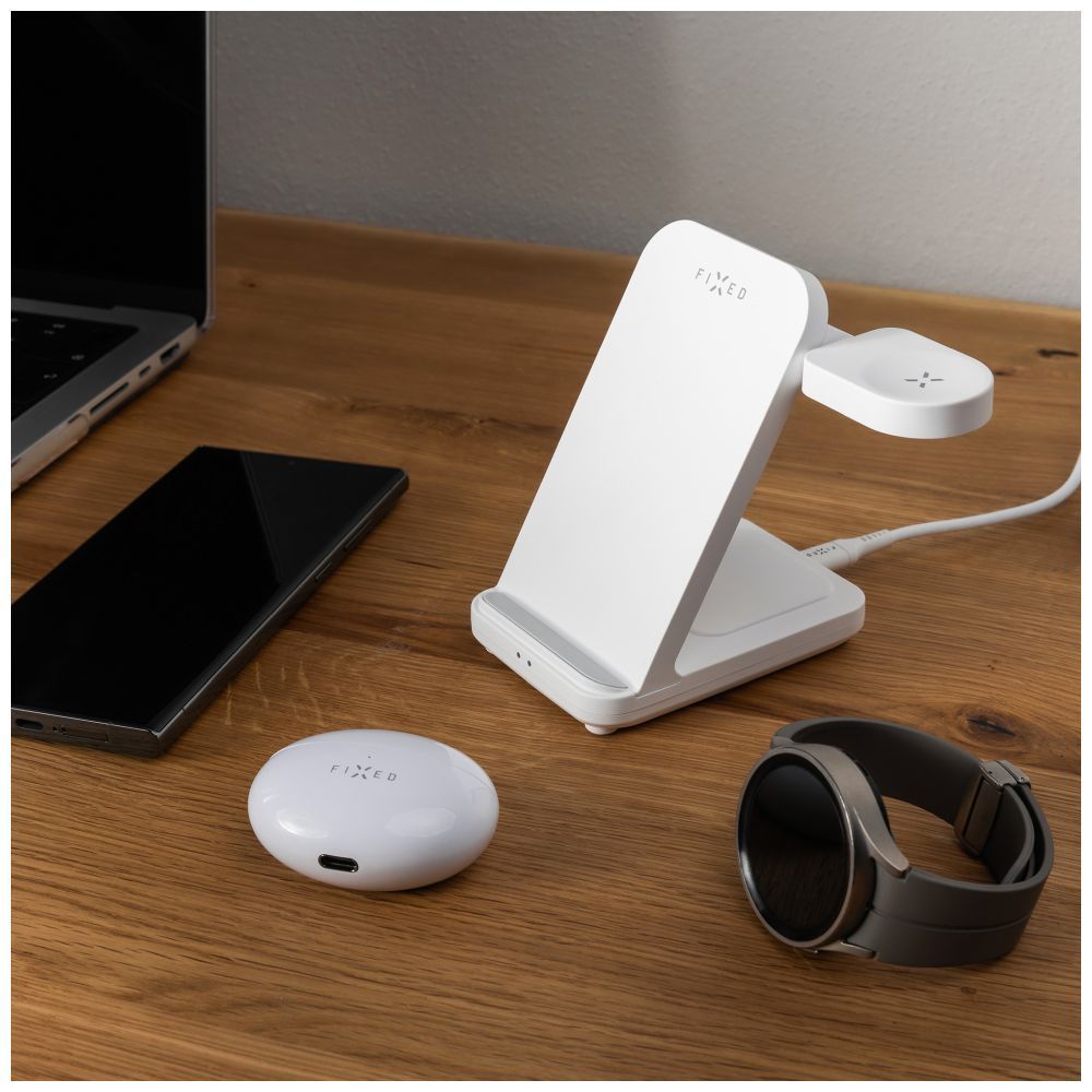 FIXED vezetéknélküli QI töltőállomás 3 eszköz egyidejű töltésére, Samsung Galaxy Watch-hoz is, fehér