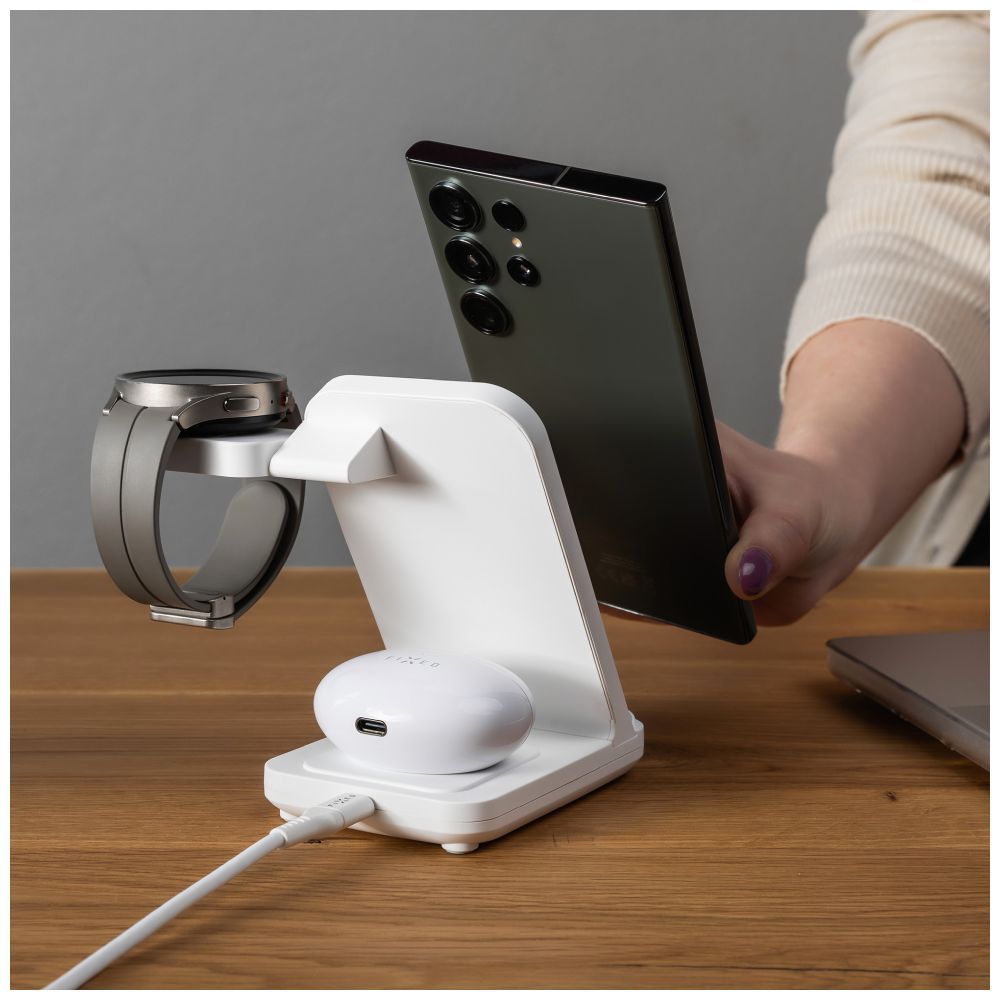 FIXED vezetéknélküli QI töltőállomás 3 eszköz egyidejű töltésére, Samsung Galaxy Watch-hoz is, fehér