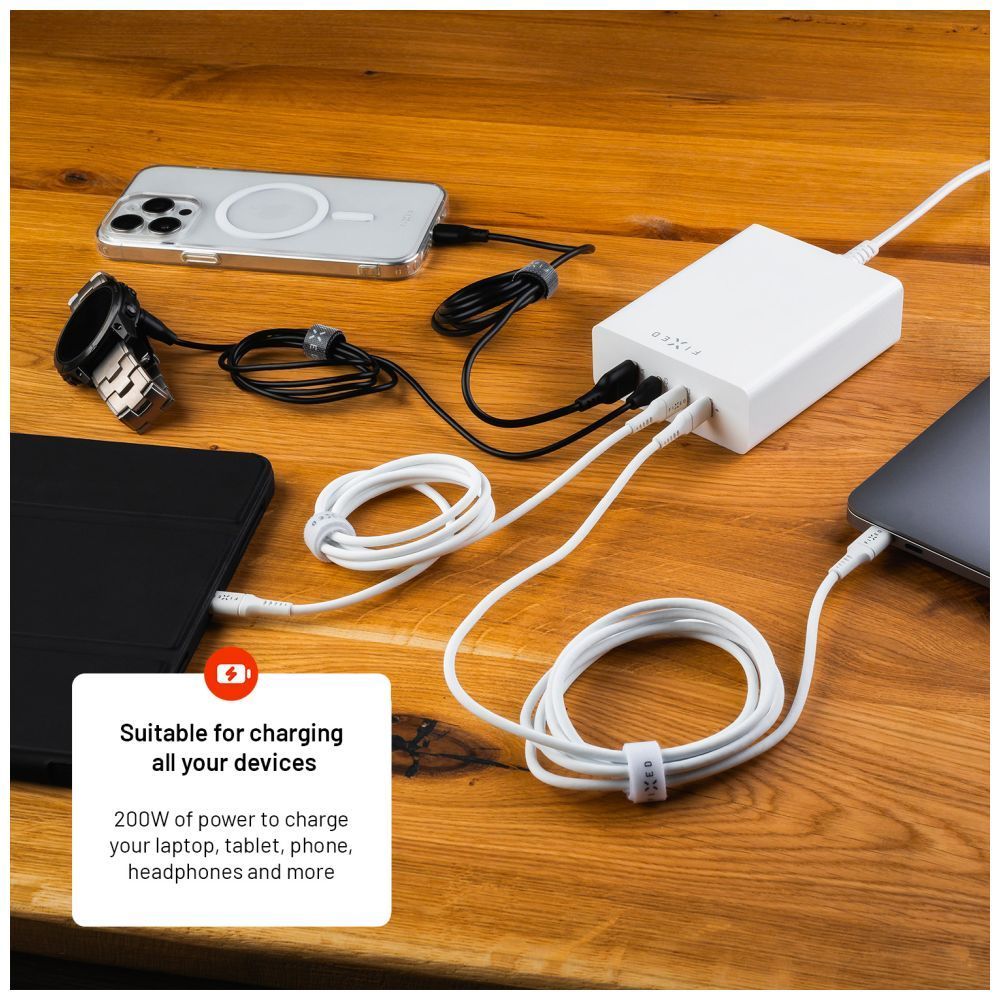FIXED hálózati töltő állomás, 3xUSB-C/1xUSB, GaN technológia, PD 3.0 támogatás, 200W, fehér, FIXCG200-3C1A-WH FIXED hálózati töltő állomás, 3xUSB-C/1xUSB, GaN technológia, PD 3.0 támogatás, 200W, fehér, FIXCG200-3C1A-WH