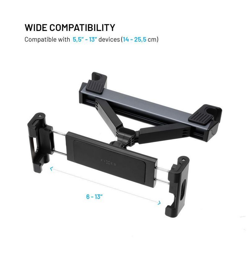 FIXED autós tablet tartó, fejtámlához rögzíthető, 7"-13" méretű tabletekhez, több irányba állítható, sötétszürke