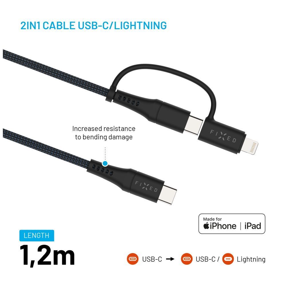 FIXED USB-C/USB-C/Lightning MFi PD 60W adapter kábel 1,2m szürke FIXED USB-C/USB-C/Lightning MFi PD 60W adapter kábel 1,2m szürke