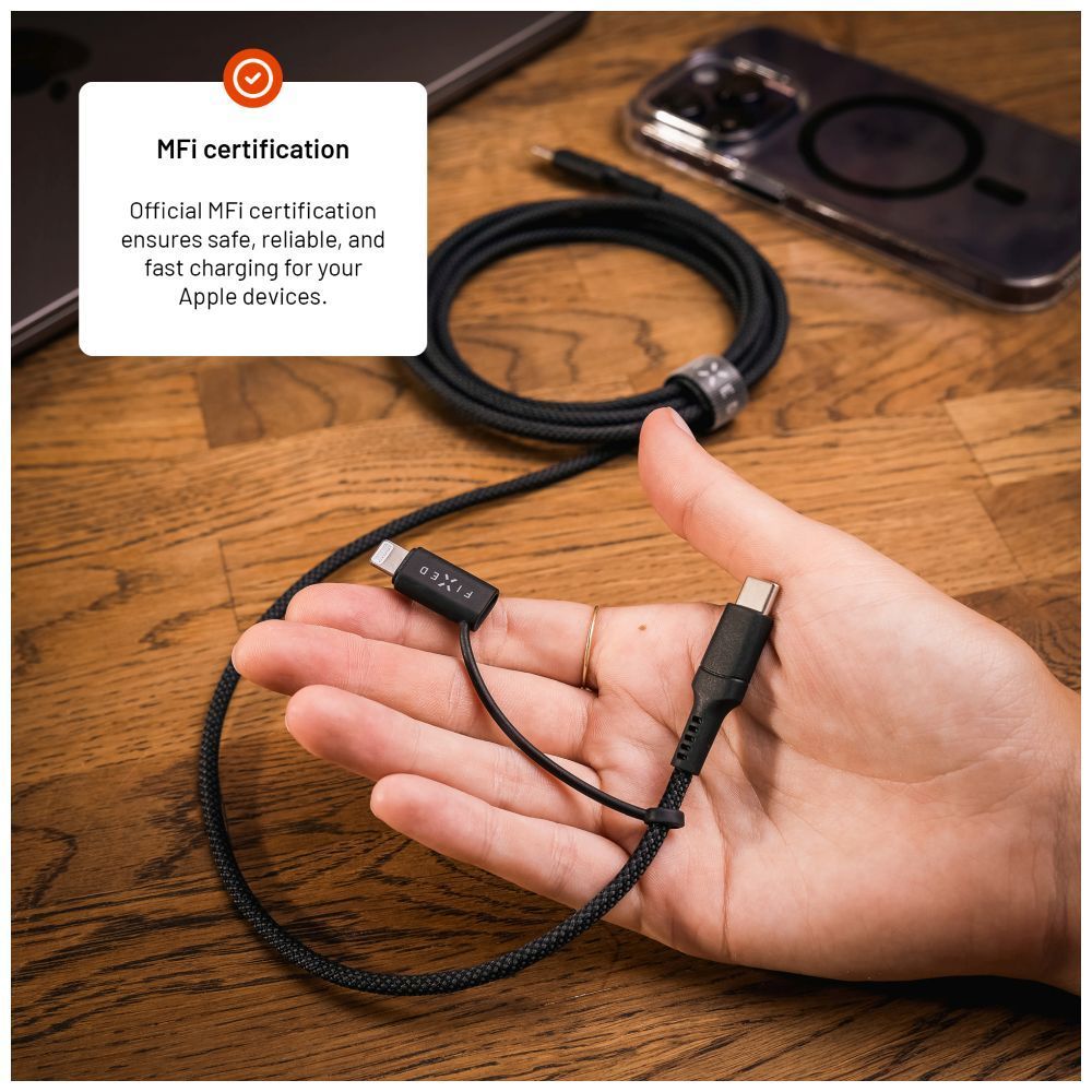 FIXED USB-C/USB-C/Lightning MFi PD 60W adapter kábel 3m szürke FIXED USB-C/USB-C/Lightning MFi PD 60W adapter kábel 3m szürke