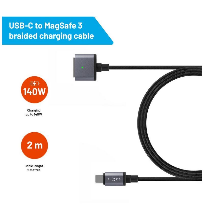 FIXED USB-C/MagSafe 3 töltőkábel, max 140W (28V/5A), textil kábelfonat, 2m, sötétszürke FIXED USB-C/MagSafe 3 töltőkábel, max 140W (28V/5A), textil kábelfonat, 2m, sötétszürke
