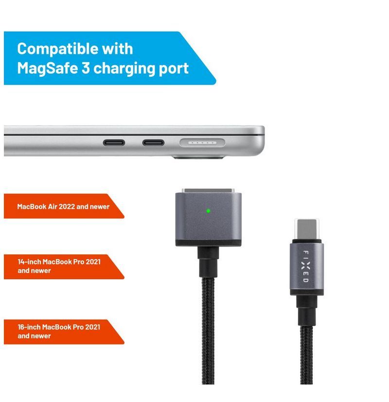 FIXED USB-C/MagSafe 3 töltőkábel, max 140W (28V/5A), textil kábelfonat, 2m, sötétszürke FIXED USB-C/MagSafe 3 töltőkábel, max 140W (28V/5A), textil kábelfonat, 2m, sötétszürke
