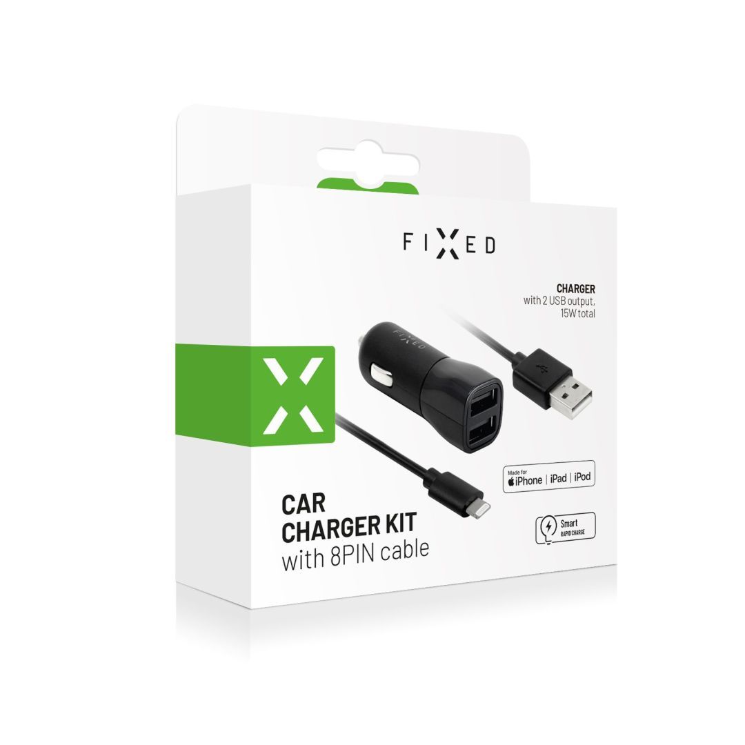 FIXED USB autós töltő, 2*USB-A kimenet, 15W + USB/Lightning kábel, fekete